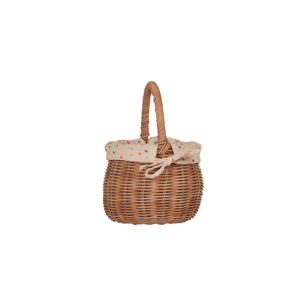 Easter themed handwoven rattan basket with printed fabric lining. Designed for kids to carry their favourite toys and trinkets, forage on outdoor adventures or as a home décor storage solution.