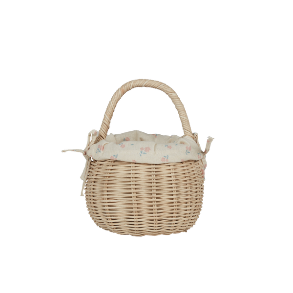 Easter-themed handwoven rattan basket with flower fabric lining. Designed for kids to carry their favourite toys and trinkets, forage on outdoor adventures or as a home décor storage solution.