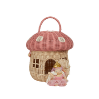 Olli Ella Rattan Mushroom Basket - pink musk and white coloured with Holdie princess