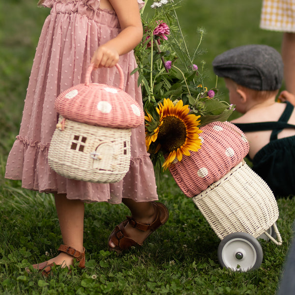 Olli Ella Rattan Mushroom Luggy - musk and white coloured with flowers