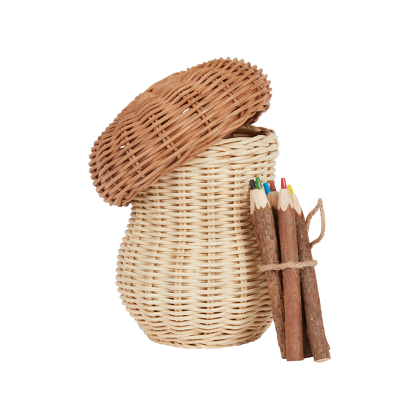 The Porcini Mushroom Basket is handwoven from 100% Rattan. The set includes 1x mushroom basket and six hand-carved coloured pencils. Watch little ones create beautiful art with the easy-hold pencils.