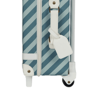 Charming blue striped kids travel suitcase by Olli Ella. Ideal for children's travel, with a spacious interior and playful colours. Constructed from recycled plastic bottles