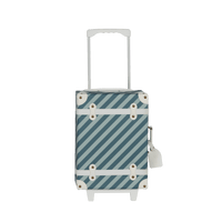 Charming blue striped kids travel suitcase by Olli Ella. Ideal for children's travel, with a spacious interior and playful colours. Constructed from recycled plastic bottles