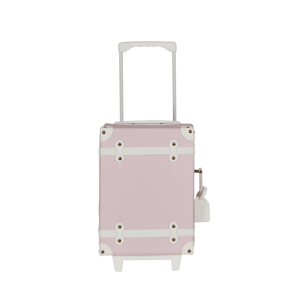 Charming pink kids travel suitcase by Olli Ella. Ideal for children's travel, with a spacious interior and playful colours. Constructed from recycled plastic bottles