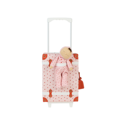 Kids strawberry printed pink travel suitcase with matching pink soft-toy doll.