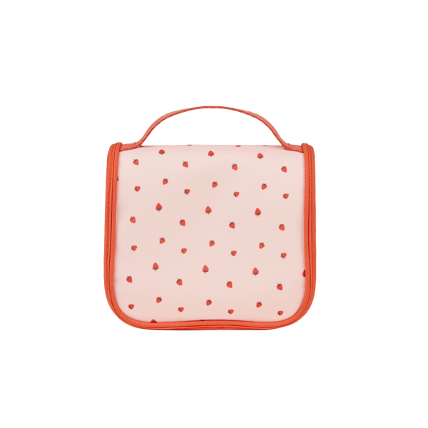 pink strawberry printed wash bag for kids travel.