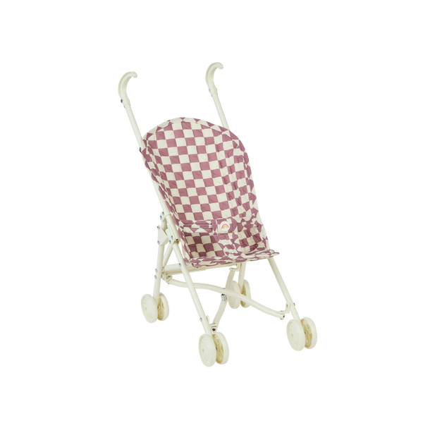 Kids doll stroller for kids in purple check print.