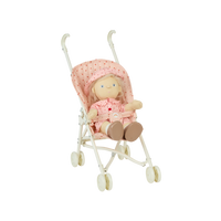 kids pink strawberry printed doll stroller with posable doll.