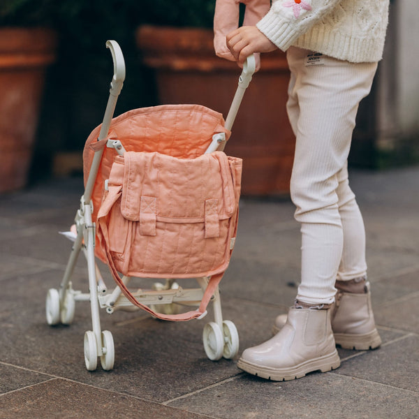 Olli Ella rose pink doll pram for kids toys. For use with our posable dinkum dolls and matching changing bag and mat for imaginative doll play.