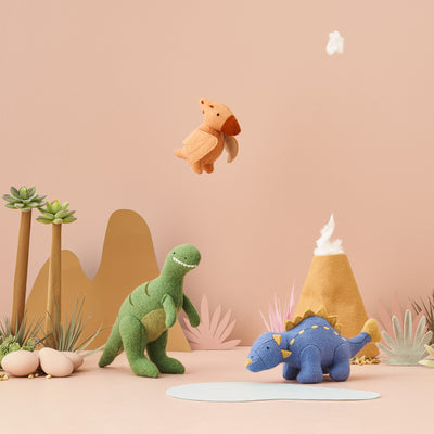 Palm-sized felted dinosaur toys. These 3 prehistoric dinosaur toys make wonderful prompts for hours of imaginative play. Pterodactyl, T-Rex and Ankylosaurus toys,