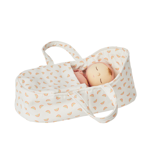 Durable cotton canvas doll carry cot with gender-neutral rainbow print.