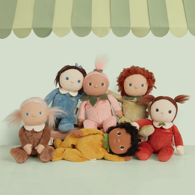 6 pack of fruit themed palm-sized plush dolls. Collectable set of fruit inspired plush toys.