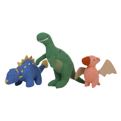 Set of plush felted dinosaur toys for kids. Set of prehistoric small dinosaur toys featuring Pterodactyl, T-Rex and Ankylosaurus.