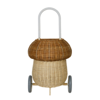 Whimsical natural mushroom basket on wheels. This 100% Handwoven Rattan wheeled basket is ideal for storing and toting around prized possessions! 