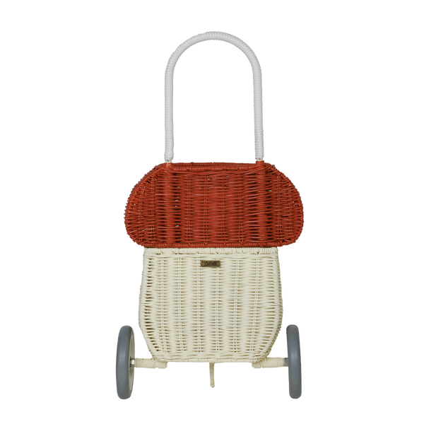    Whimsical red and white mushroom basket on wheels. This 100% Handwoven Rattan wheeled basket is ideal for storing and toting around prized possessions! 