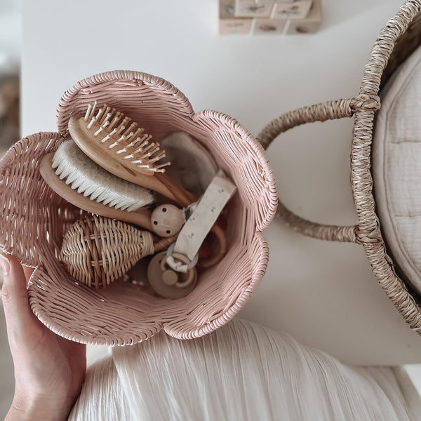 Pink nesting rattan basket set, designed to hold baby essentials in your nursery or for use as beautiful home décor.