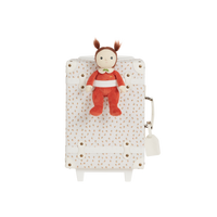 The ultimate kids travel suitcase. Mushrrom print suitcase for kids holidays, with straps to carry their favourite doll / toy.