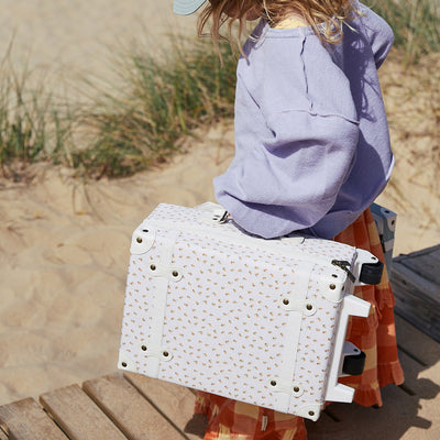 The ultimate kids travel suitcase. Mushrrom print suitcase for kids holidays, with straps to carry their favourite doll / toy.