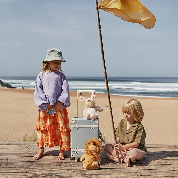 The ultimate kids travel suitcase. Blue suitcase for kids holidays, with straps to carry their favourite doll / toy.